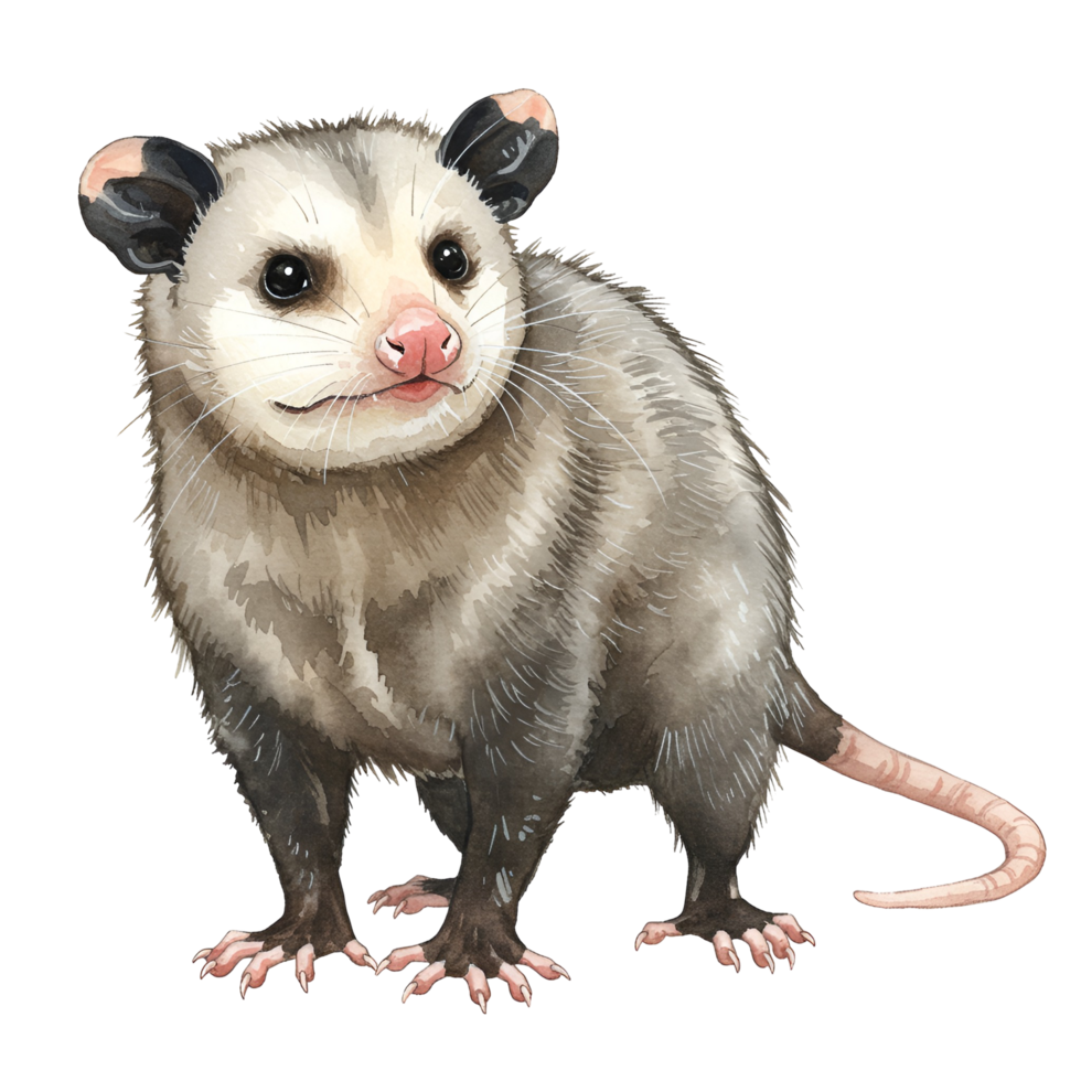 Watercolor illustration of a opossum with a pink nose and tail standing on a transparent area transparent background png