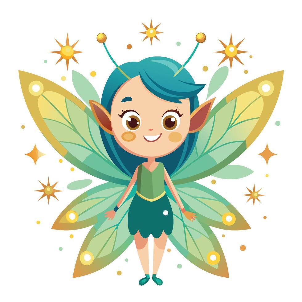 Cute fairy with large wings and a happy expression vector