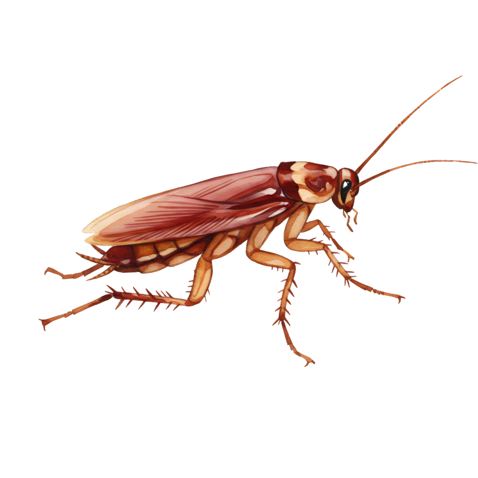 Illustration of a cockroach with antenna and legs visible on a plain colored setting transparent background png
