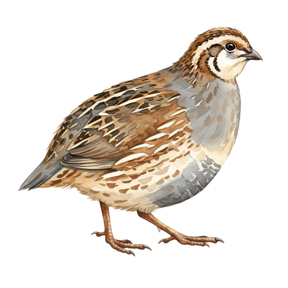 Watercolor illustration of a quail with brown and gray feathers standing in a simple pose transparent background png
