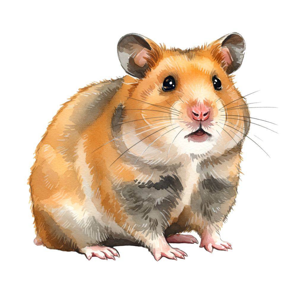 A watercolor illustration of a golden hamster with a surprised expression on a transparent area transparent background png
