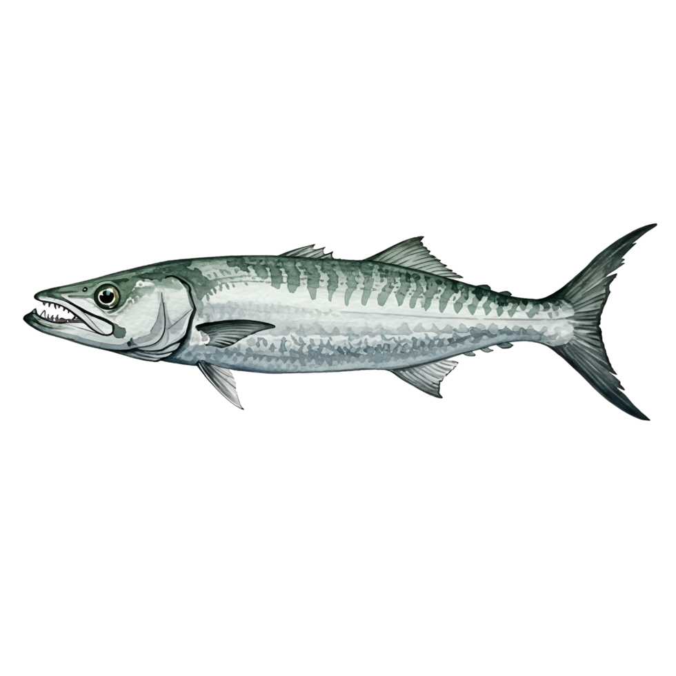 Illustration of a barracuda with visible teeth and silver scales on an isolated plain background transparent background png