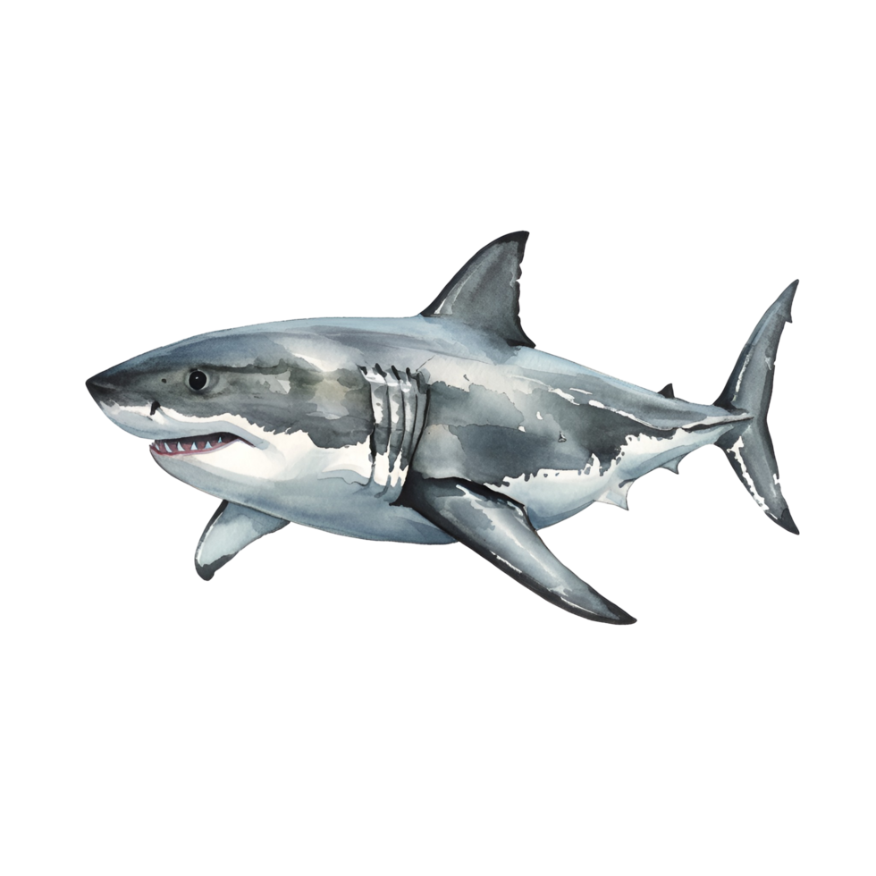 Watercolor illustration of a great white shark swimming on a plain isolated canvas space view transparent background png