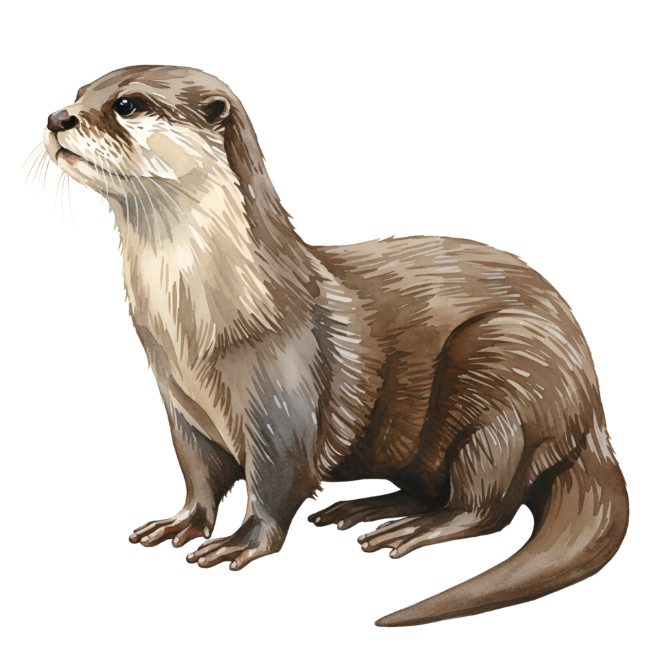 Illustration of a light brown otter sitting upright and looking upwards on a transparent area transparent background png