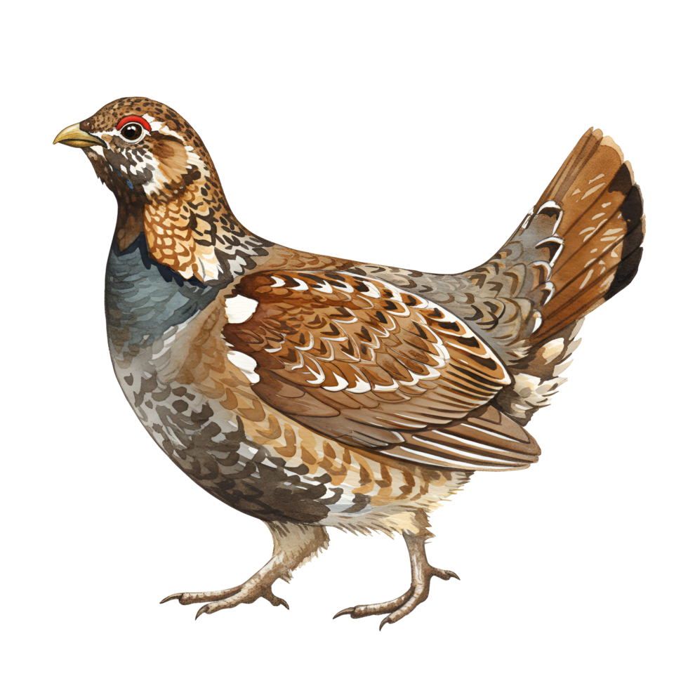 Illustration of a hazel grouse with brown and gray plumage standing on its feet looking left transparent background png