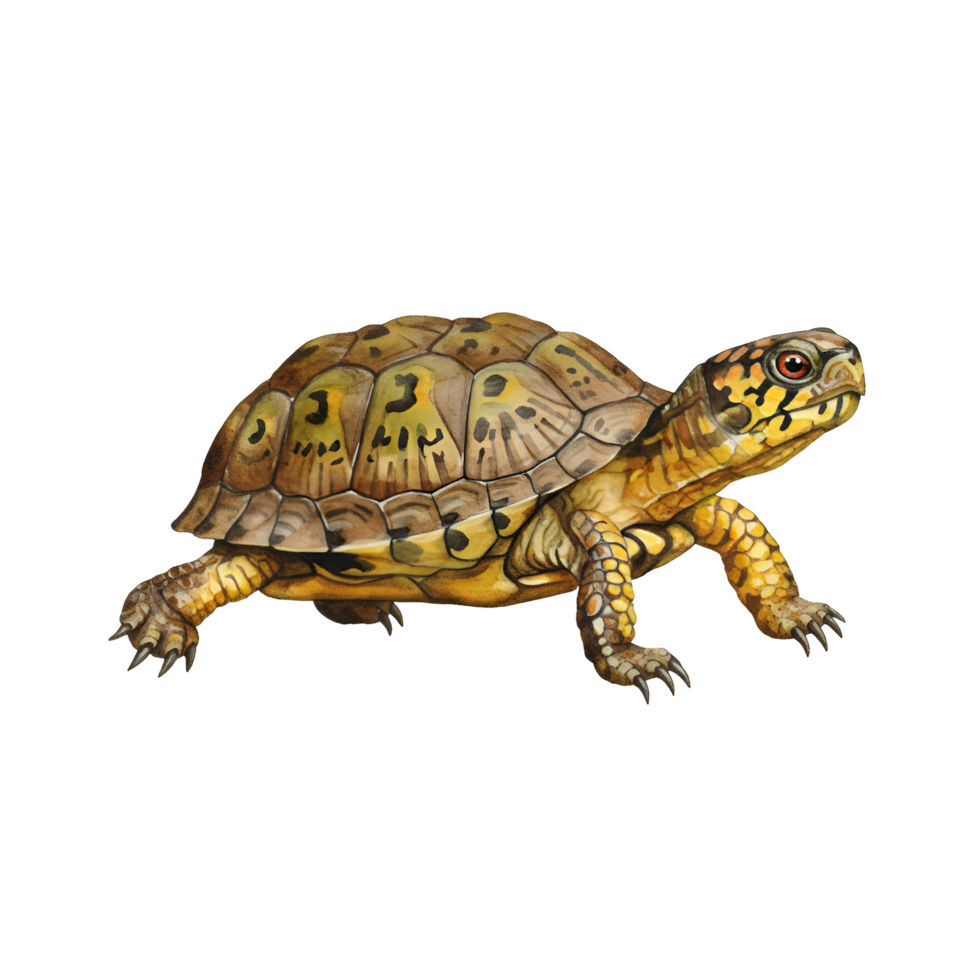 A turtle with a patterned shell and yellow legs on a plain background looking to the right side transparent background png