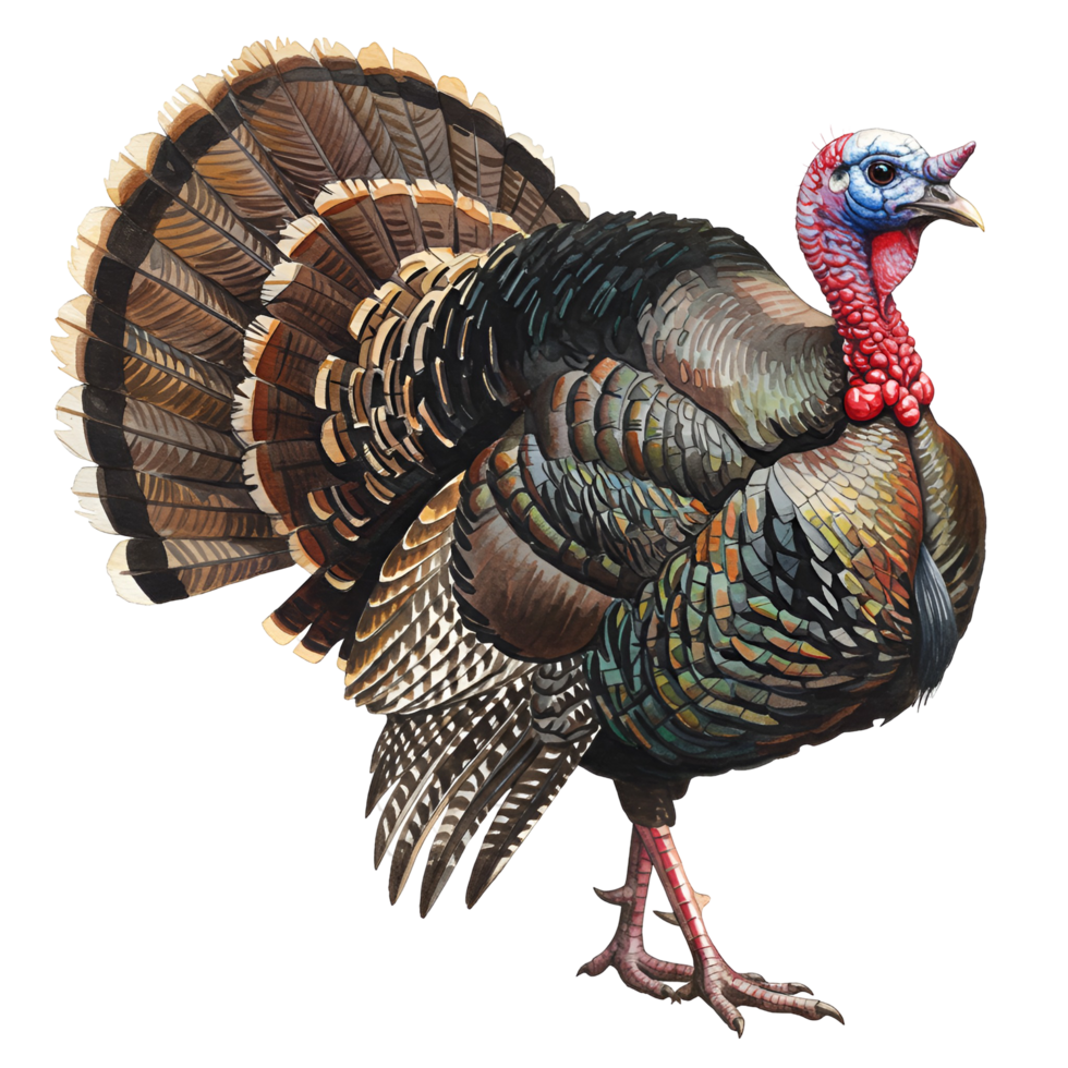 Illustration of a colorful turkey with tail feathers displayed on a plain background transparent background png