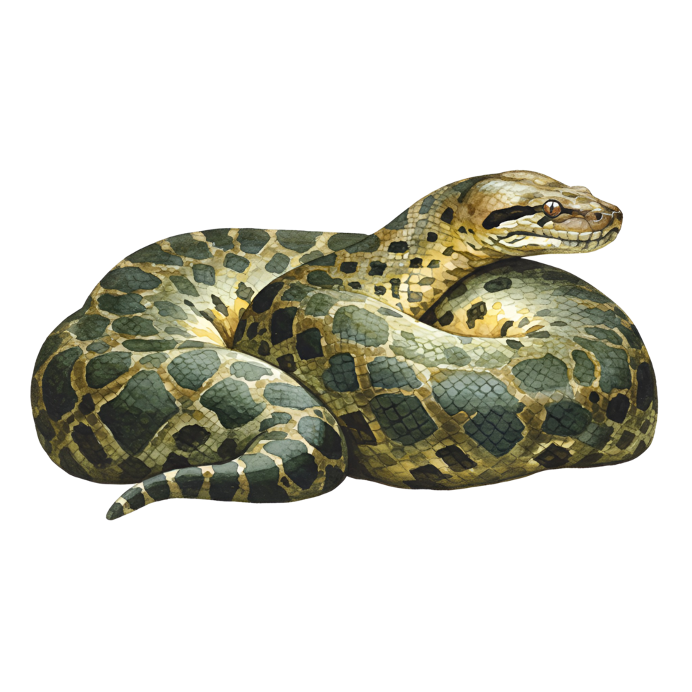 Coiled anaconda with patterned skin resting peacefully against a plain contrasting surrounding area transparent background png