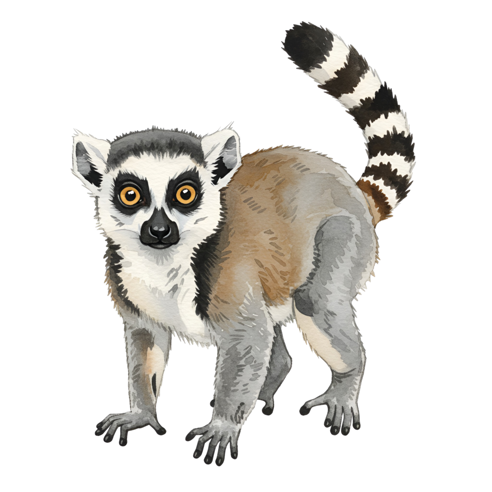 Illustration of a ring tailed lemur with a striped tail looking at the viewer on a plain setting transparent background png