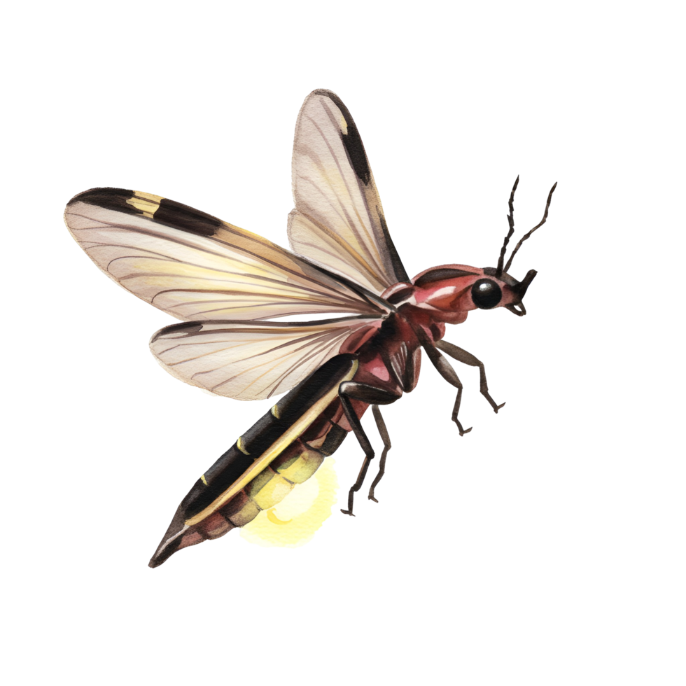 A glowing firefly with translucent wings against a plain surrounding area in a detailed illustration transparent background png