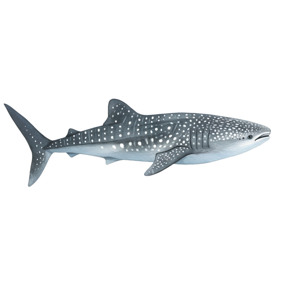 Side view of a whale shark with white spots on a transparent empty space surrounding the animal transparent background png