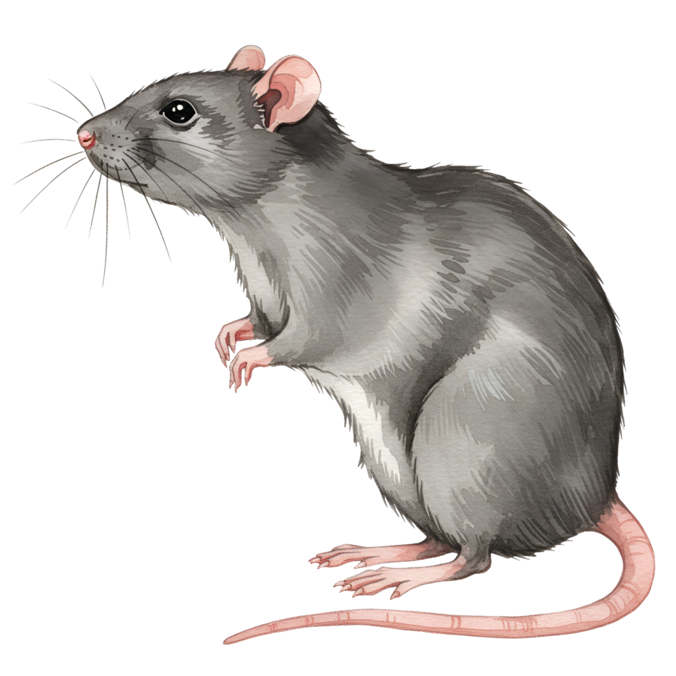 Illustration of a gray rat standing on its hind legs with a pink tail and whiskers visible transparent background png
