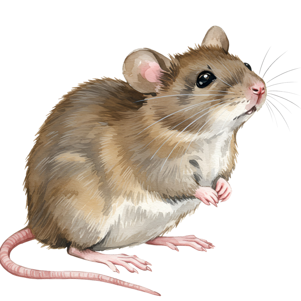 Illustration of a brown mouse with pink nose and tail on a transparent background looking upwards transparent background png