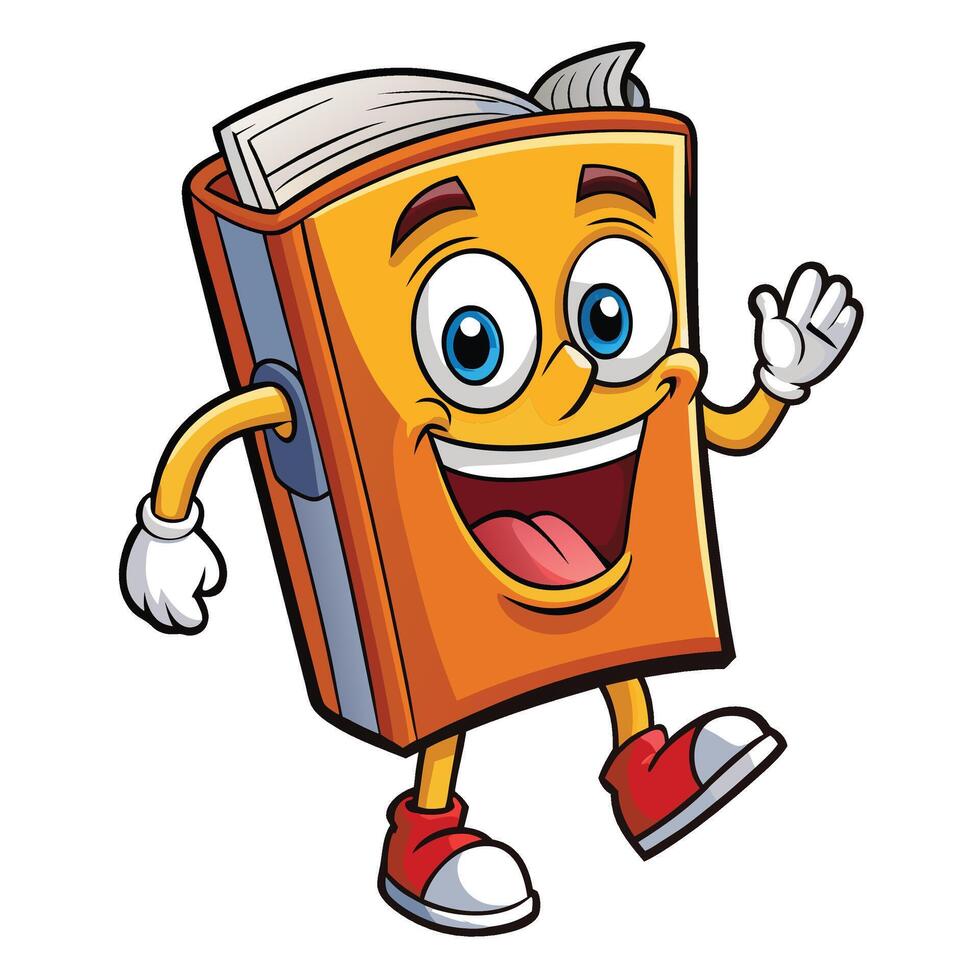 Happy book mascot character, wearing shoes, waving vector