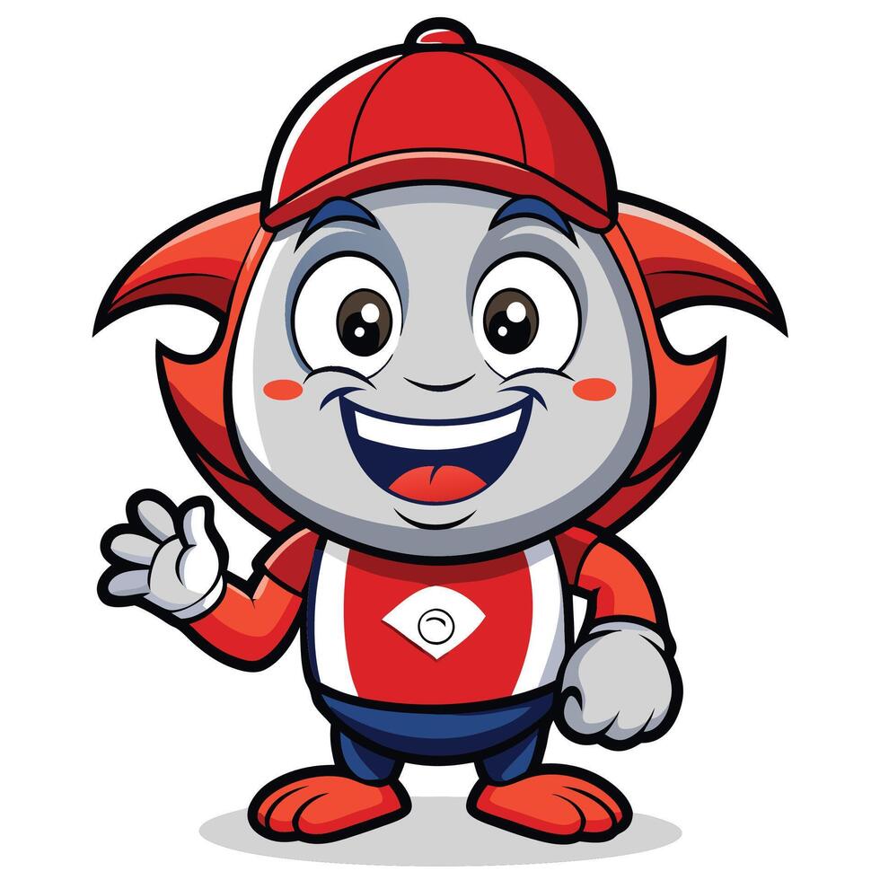 Friendly, cartoon mascot character wearing a baseball cap, waving vector