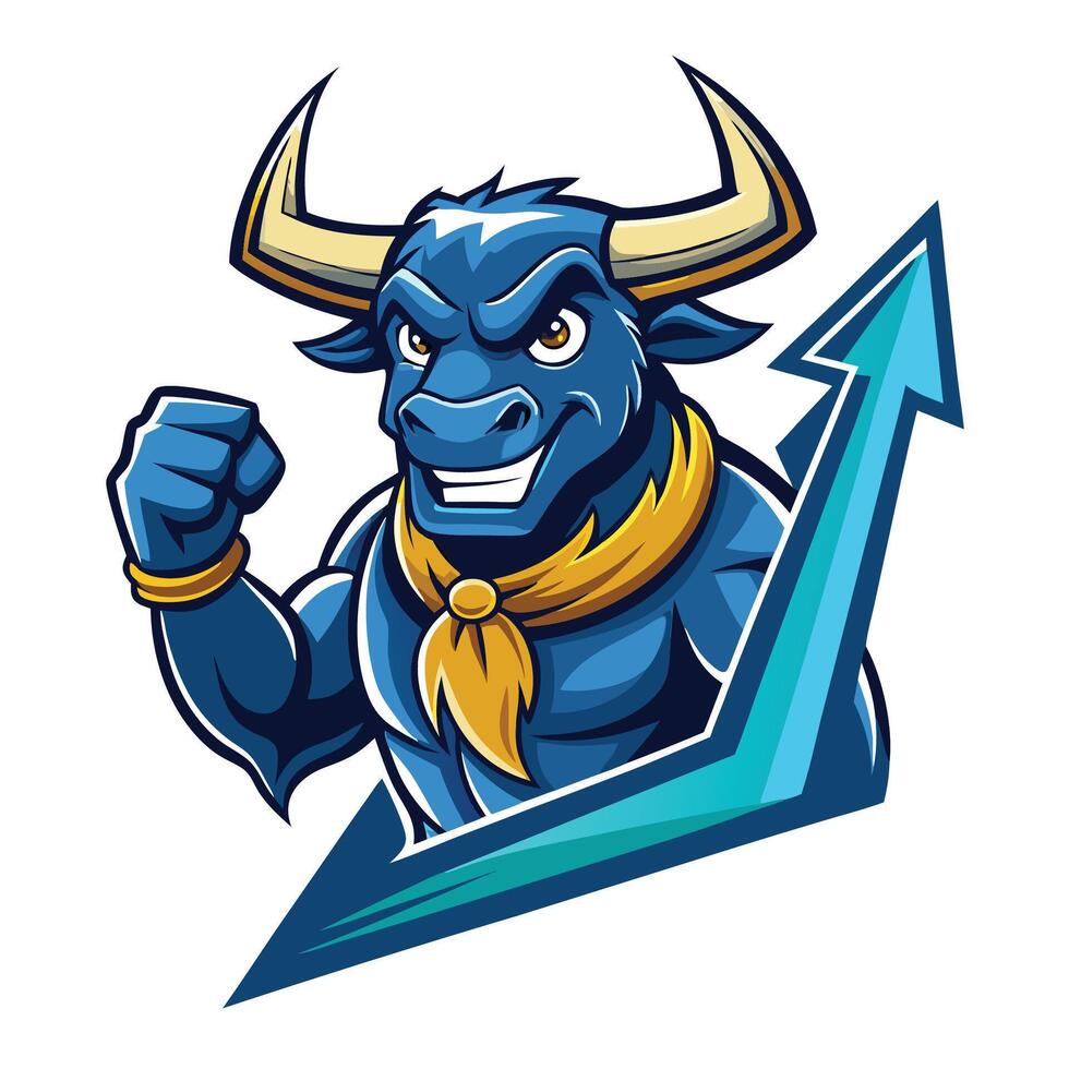 Powerful blue bull graphic with upward arrow, symbolizing growth and strength vector