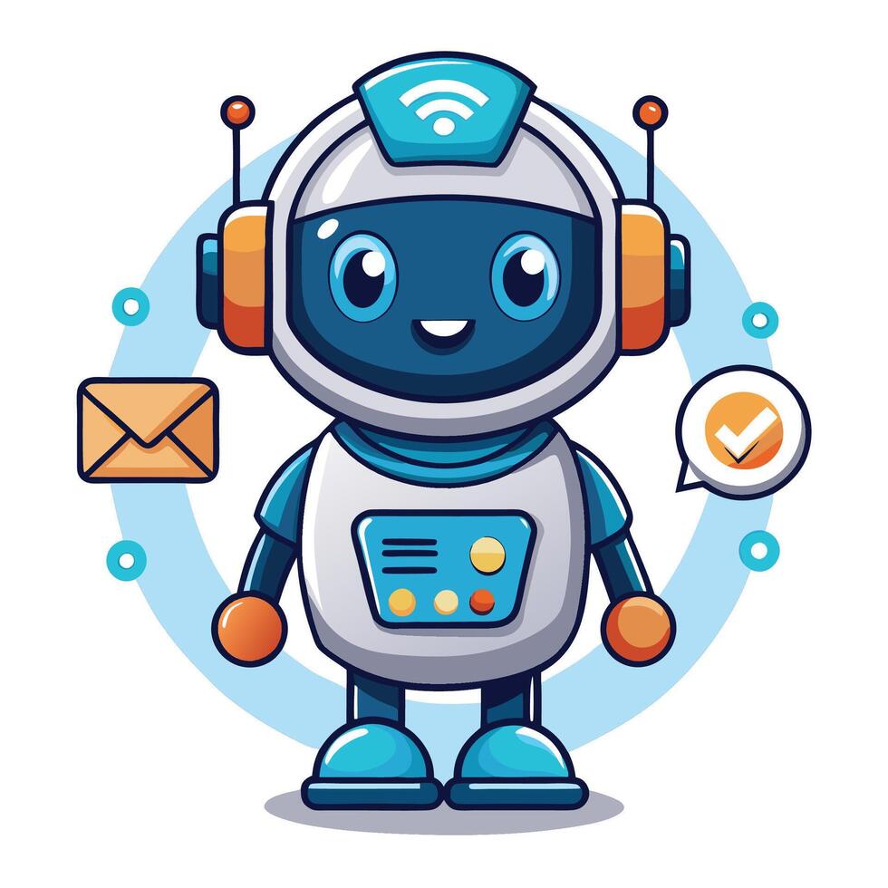 Cute robot assistant with email and checkmark vector