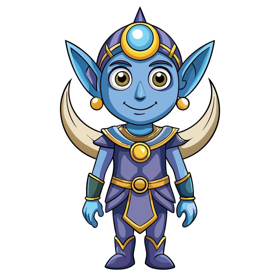 Cute, stylized, light blue, cartoon elf character, wearing armor and adorned with golden details vector