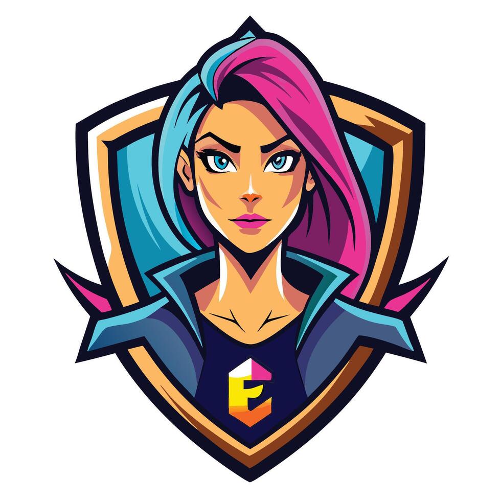 Fierce female character emblem with vibrant colors vector