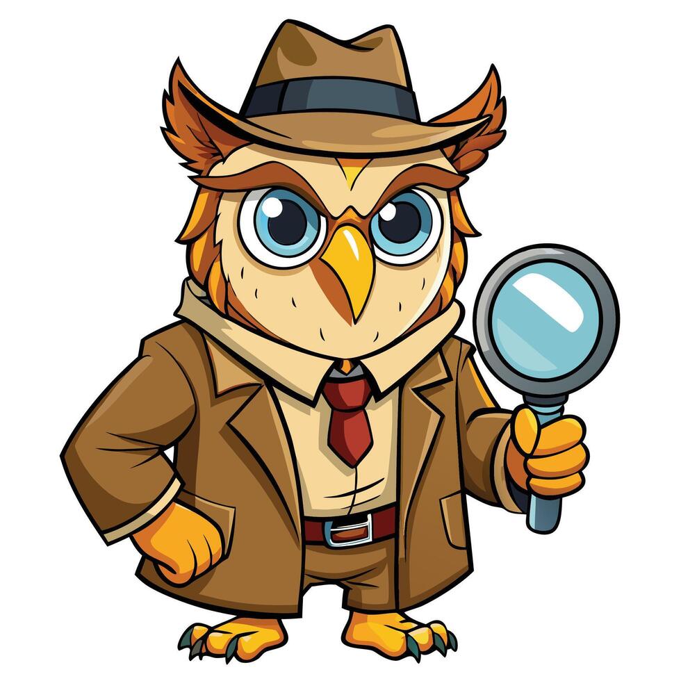 Detective Owl in a trench coat holding a magnifying glass vector
