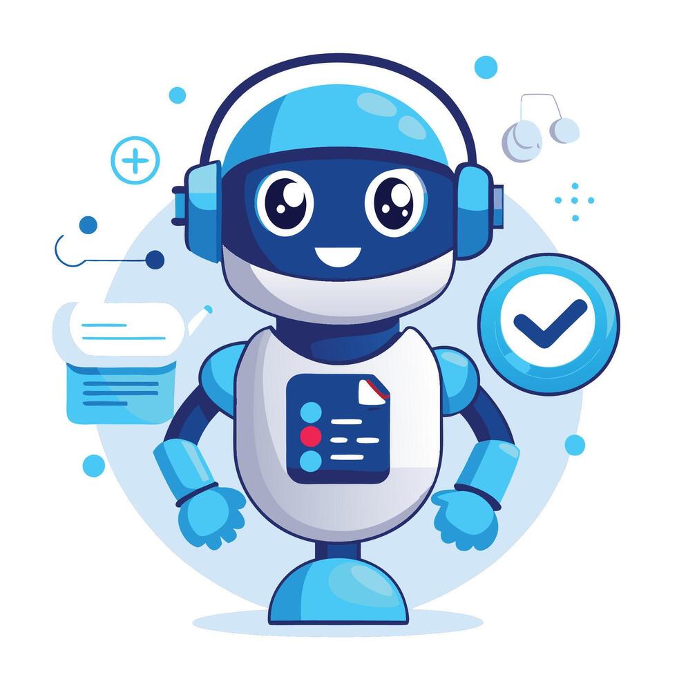 Friendly robot assistant with headphones and a check mark vector
