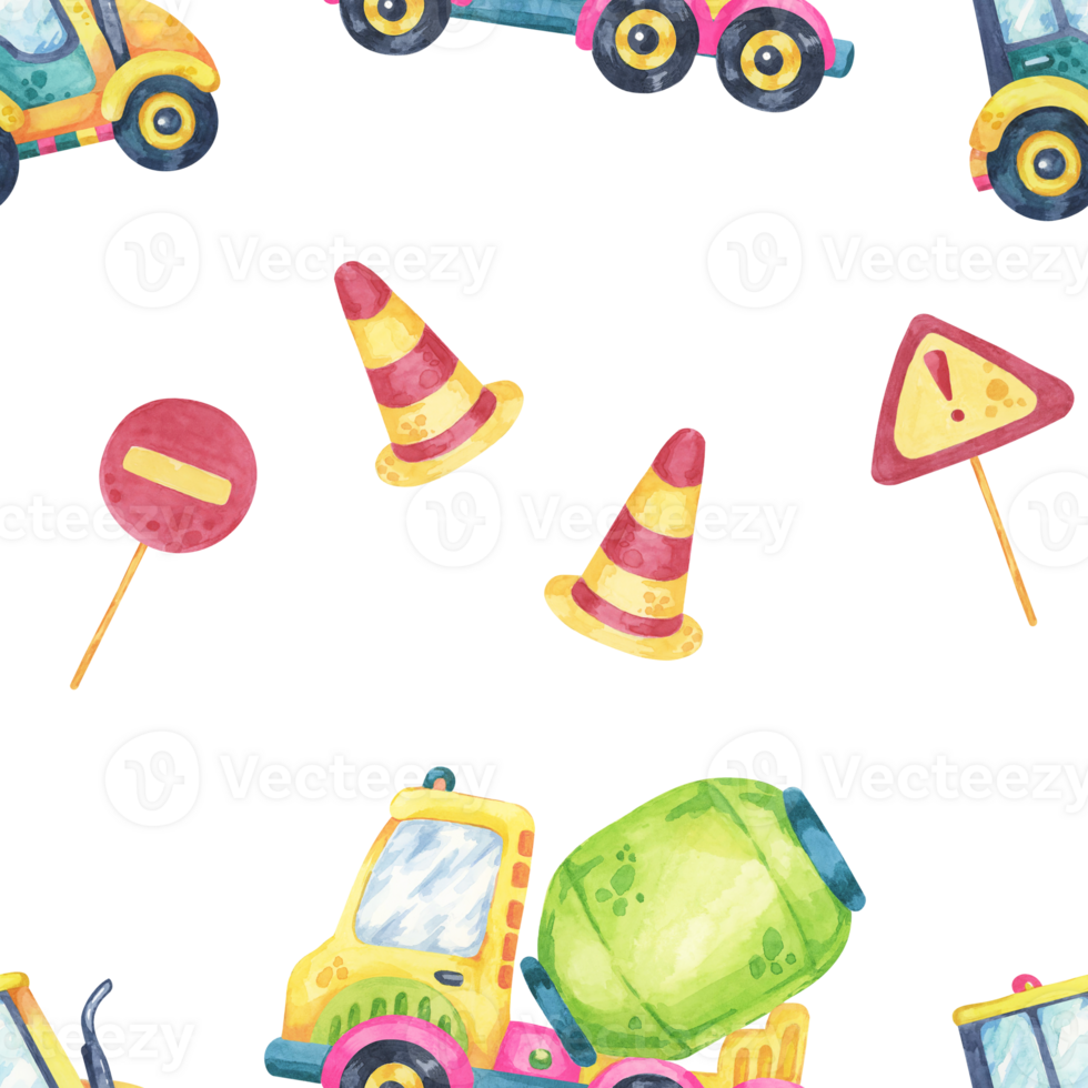 Watercolor cement mixers, traffic cones, and warning signs in a seamless pattern. Ideal for gift wrap, branding, textile prints, and construction-themed paper goods png