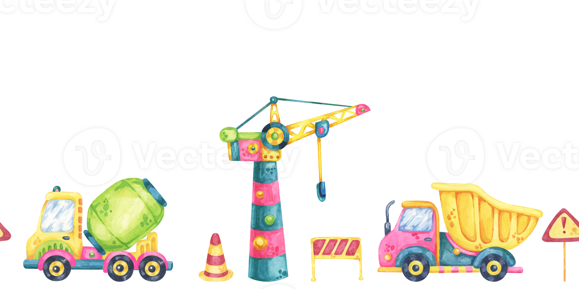 Cranes, dump trucks, and construction barriers. Seamless border construction site, toys watercolor clipart. Suitable for branding materials, nursery designs, or engineering-themed packaging png