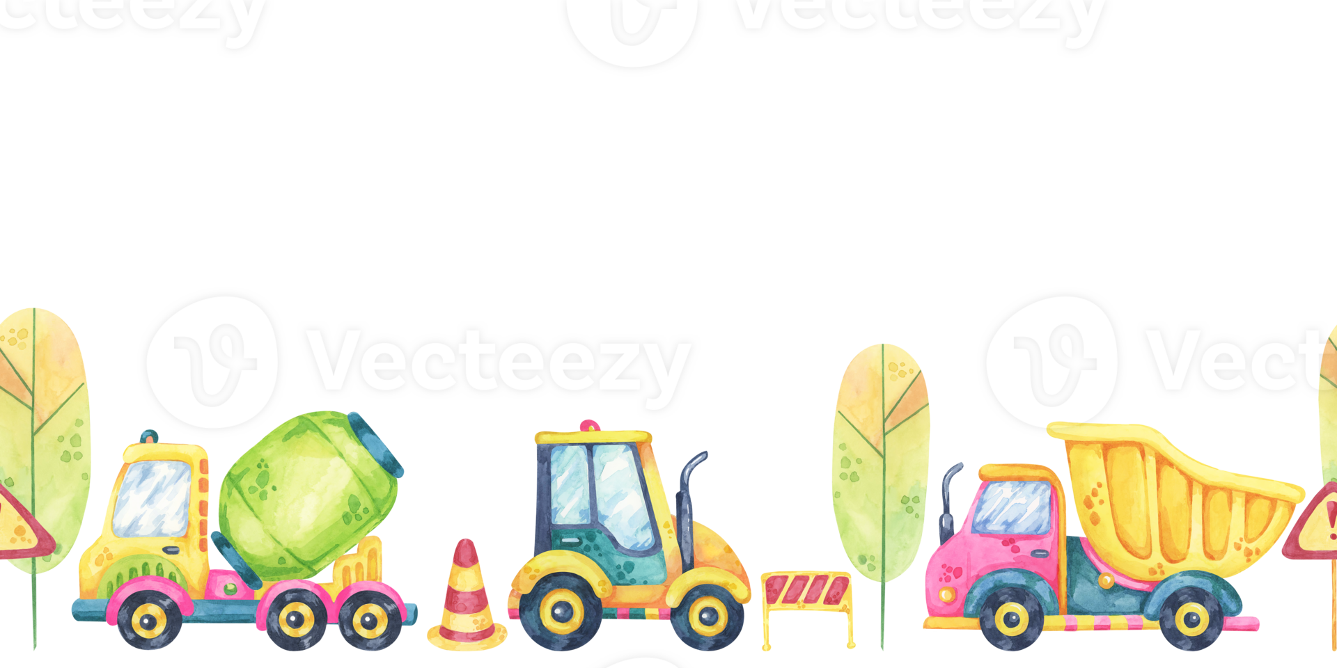 Excavators, trees, and trucks in vibrant hues. Seamless border construction site, toys watercolor clipart. Perfect for kids party supplies, wall decals, or custom gift wrap designs. png
