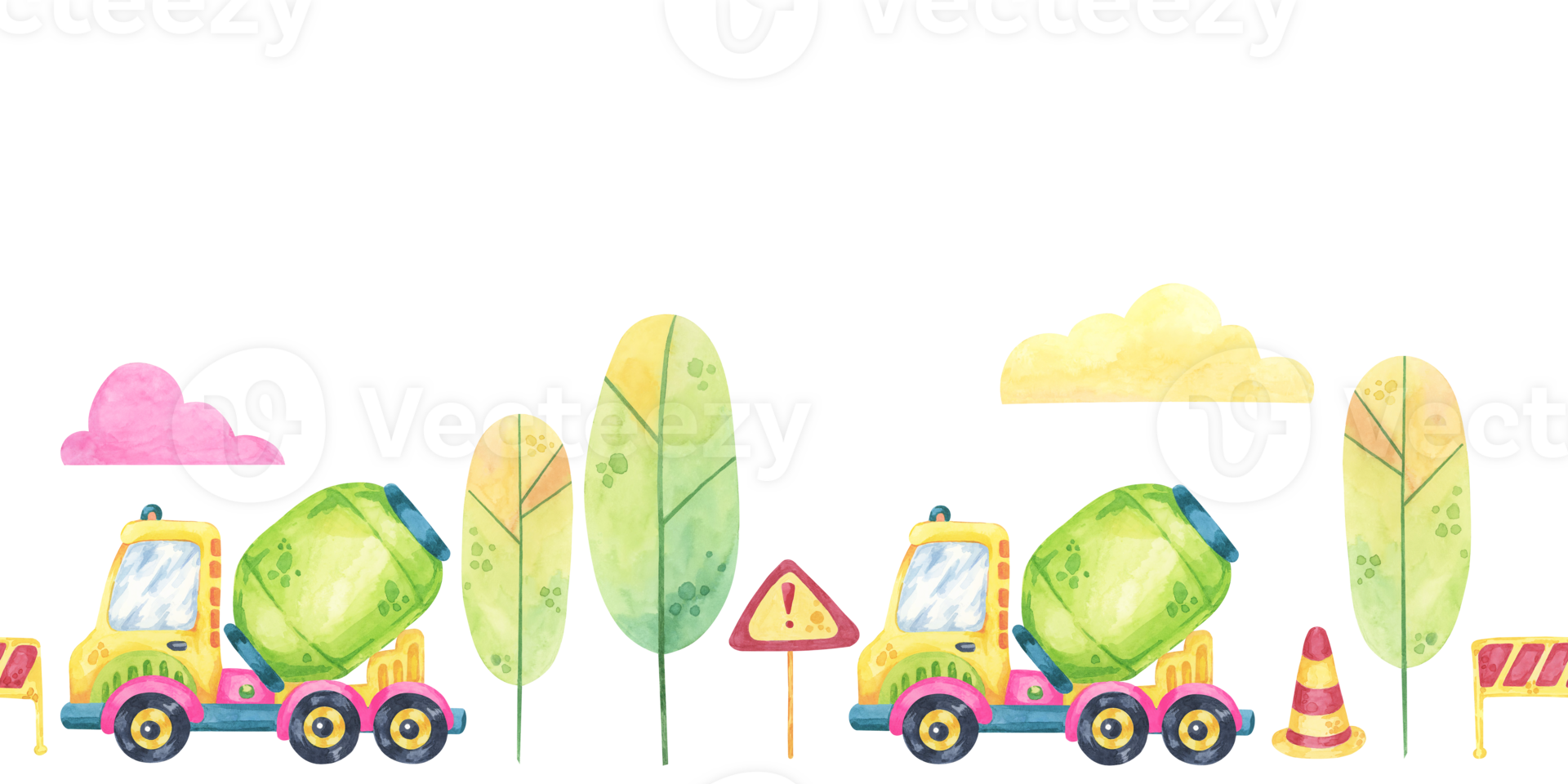 Green cement mixers, road signs, and pastel clouds. Seamless border construction site, toys watercolor clipart. Perfect for event invitations, educational materials, or themed wrapping paper png
