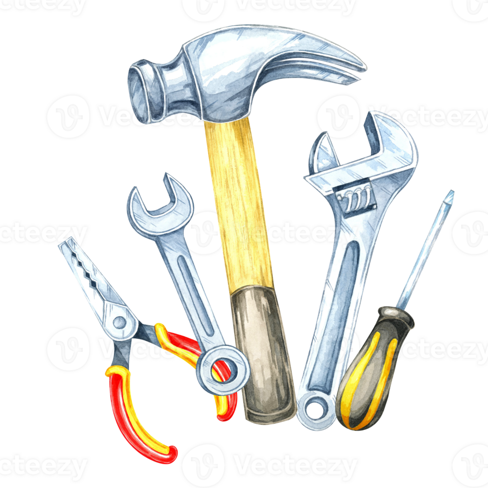 A hammer, pliers, screwdriver and wrenches clipart. Hardware tools hand-painted watercolor illustration for flyers, brochures, DIY product packaging, or construction-themed merchandise designs png