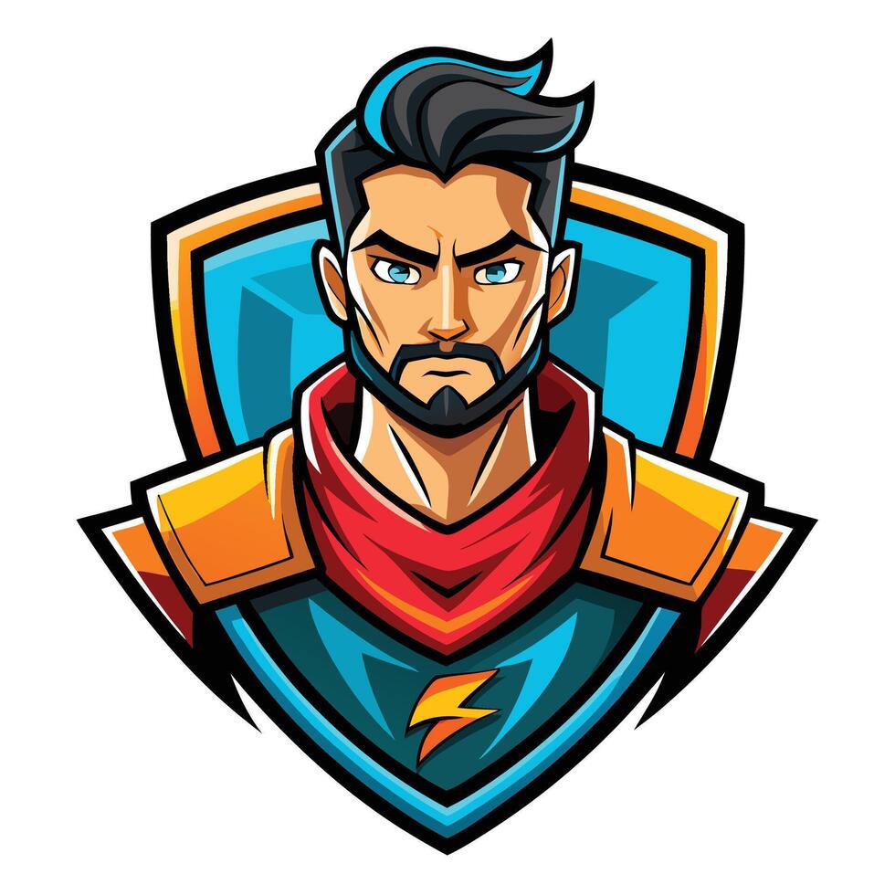 a man with a beard and mustache in a red and blue shield vector
