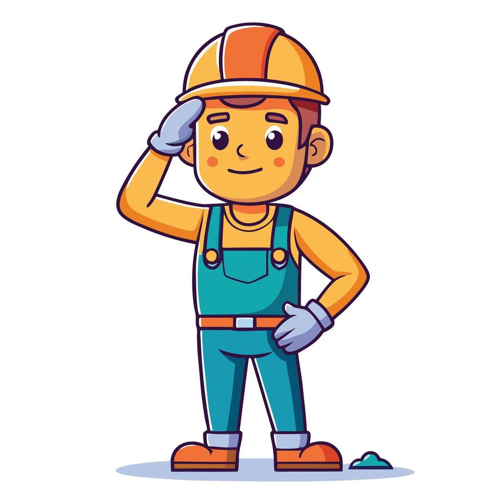 a cartoon construction worker in overalls and hat vector