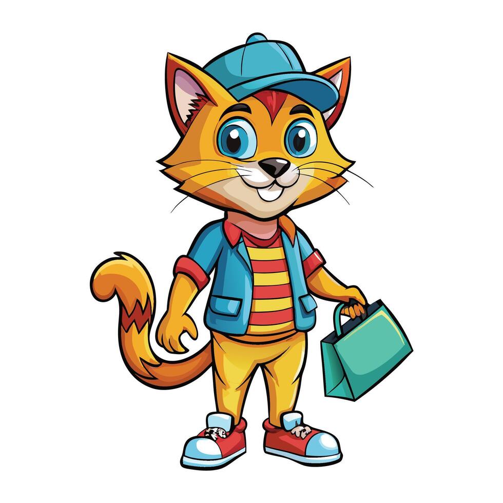 Cartoon cat character in trendy clothes carrying a shopping bag vector
