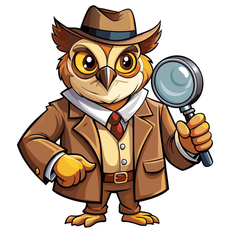 Wise owl detective in a brown suit, holding a magnifying glass vector