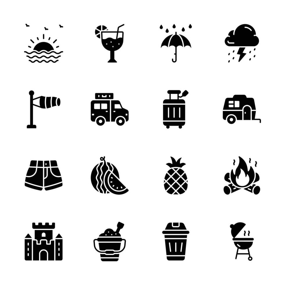 This set of b icons depicts various summer vacation activities and objects. vector