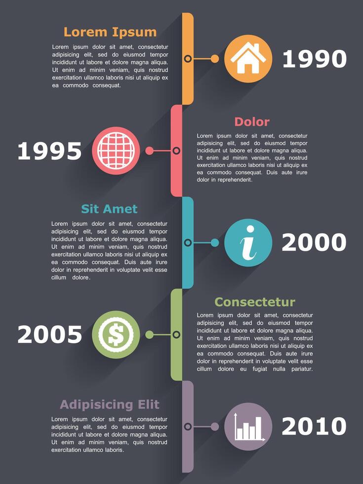 Vertical timeline infographics design template, dark background vector