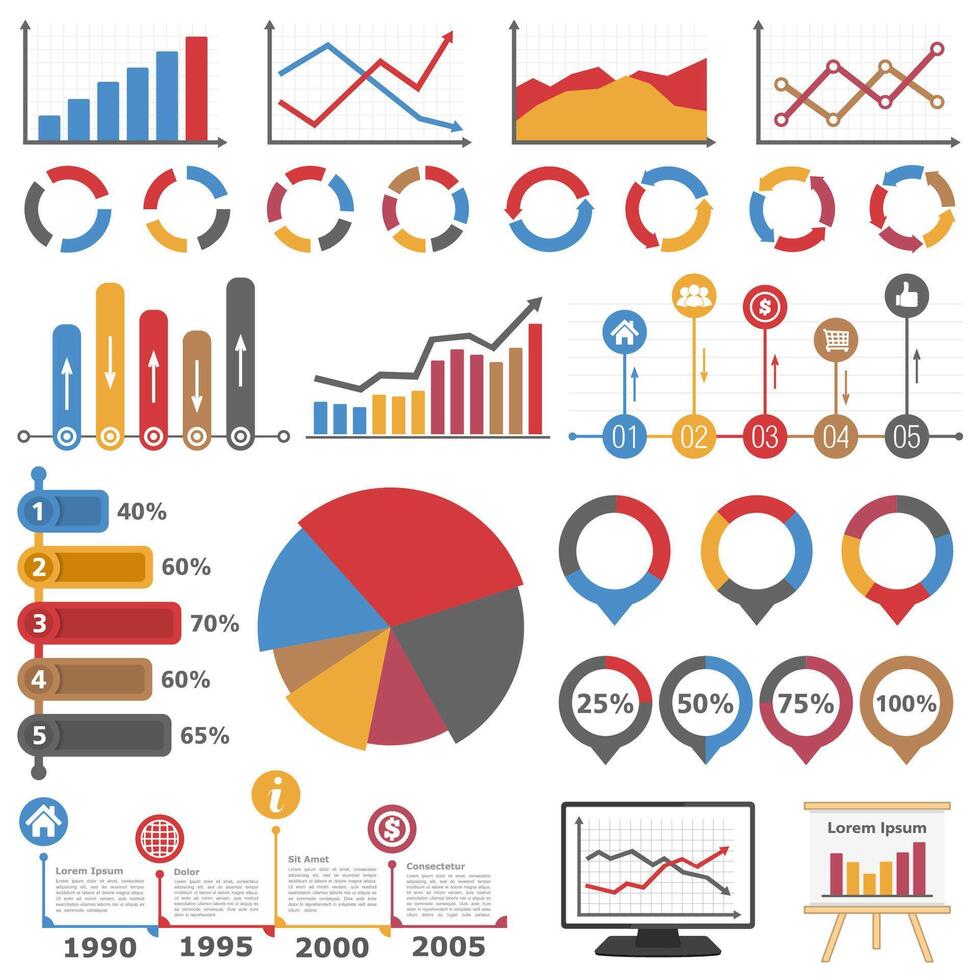 Business infographic elements collection, set of different graphs, charts and diagrams vector