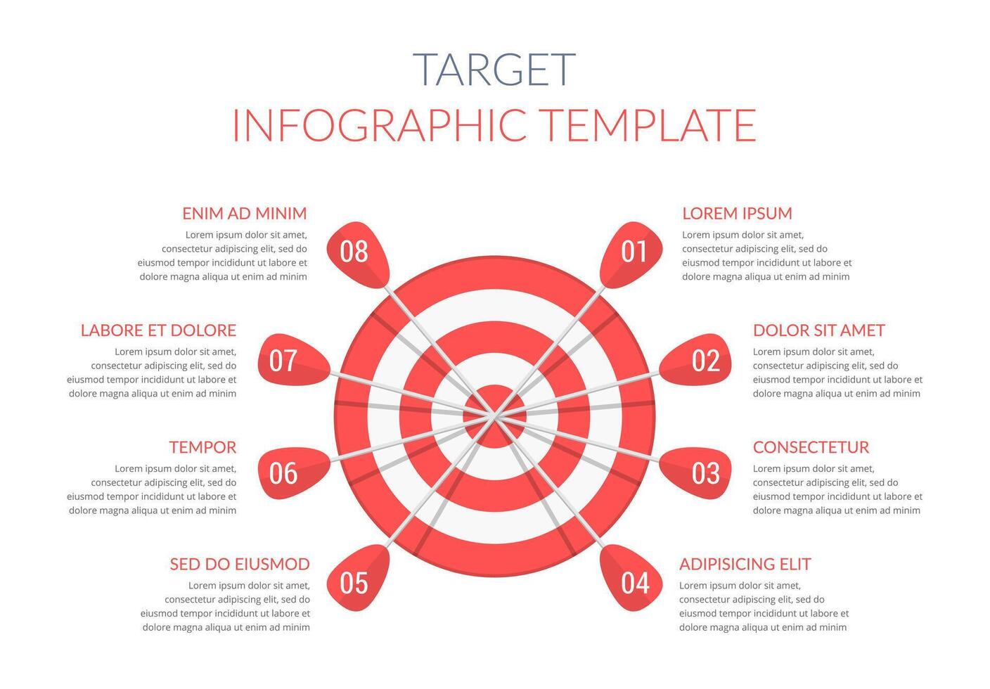 Target with 8 arrows with numbers and text, infographic template, vectpr eps10 illustration vector