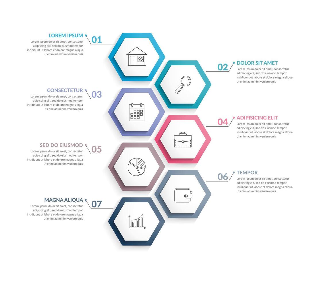 Infographic template with 7 hexagons with numbers vector