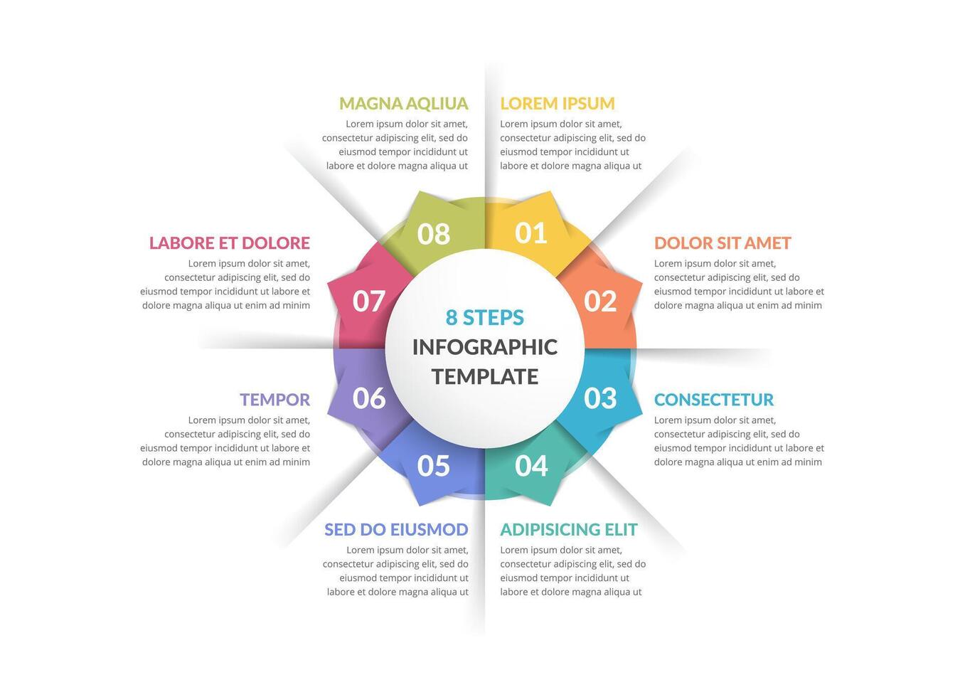 Circle infographic template with eight steps or options, process chart vector