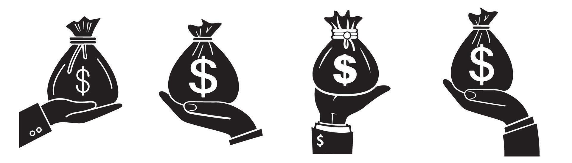Silhouette of Hands Holding Money Bags A Illustration of Financial Success Black and White vector