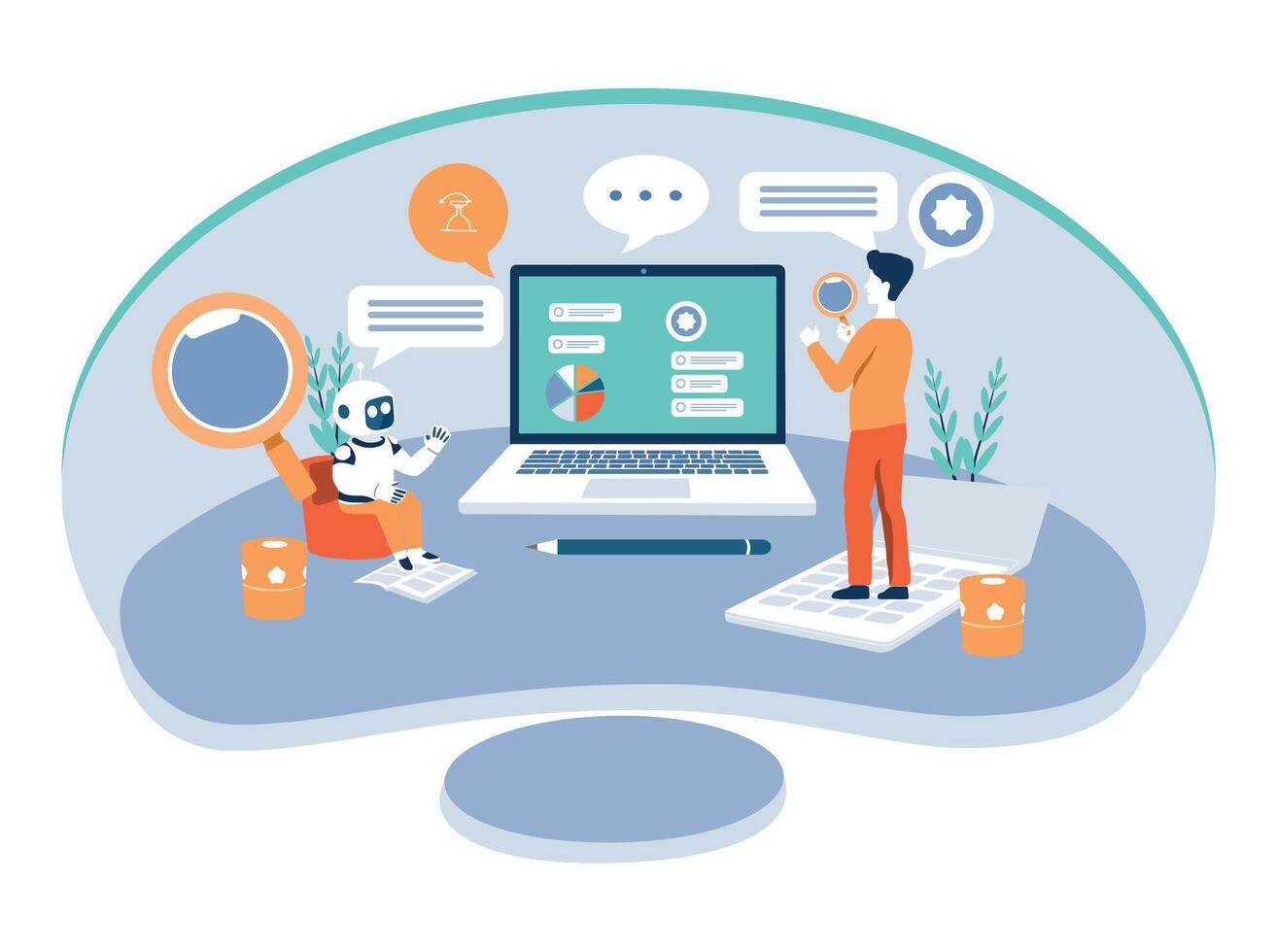 Modern office scene featuring laptop data analysis and robotic ai with various digital devices illustration on isolated white background vector