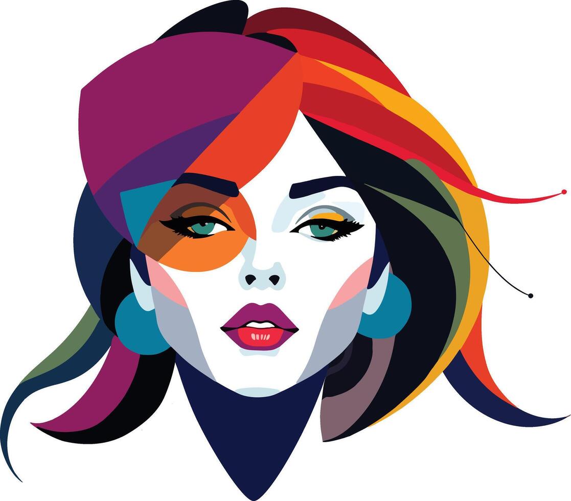 Stylized artistic illustration of a woman's face with vivid colors and geometric shapes on isolated white background vector