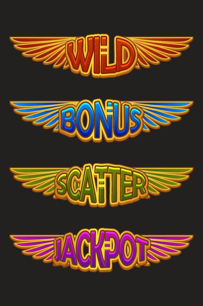 Egypt UI symbols set-WILD,Jackpot, Bonus and Scatter for casino or slots games. Egyptian golden wings icons vector
