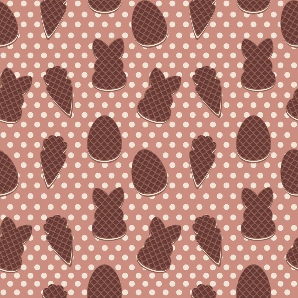 Seamless patterns of the Chocolate waffles, Easter symbols cookies. light pink background for fabric, print, textile, game, wallpaper or more... vector