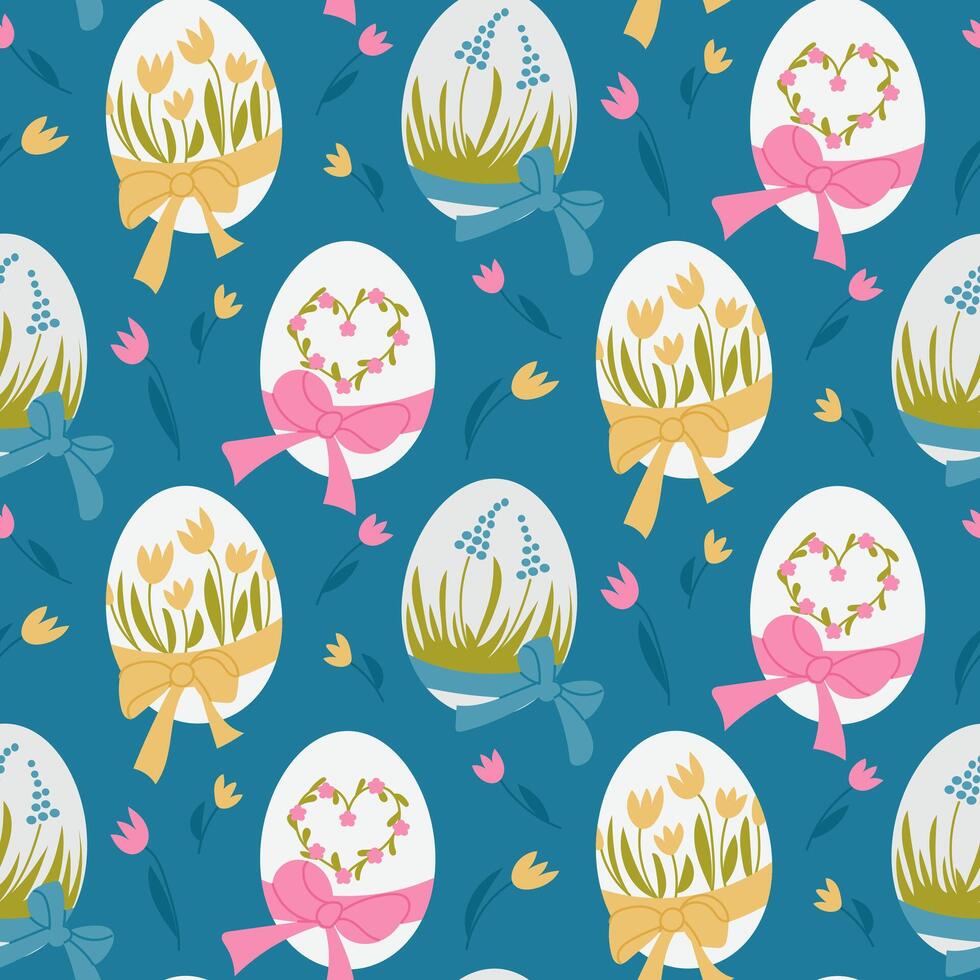 Seamless hand-drawn pattern with decorative Easter eggs adorned with bows, flowers, and grass on a blue background. Ideal for festive textiles, gift wrapping, and holiday-themed designs vector