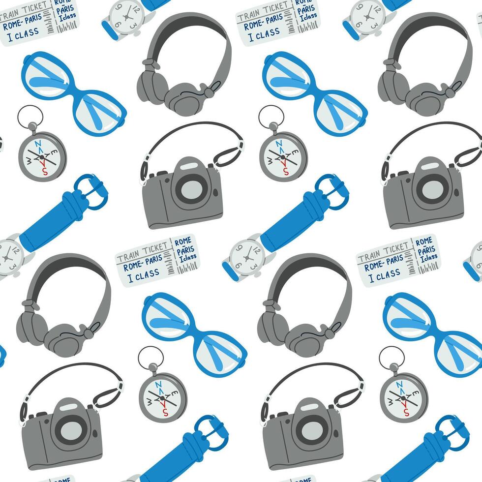 Seamless travel pattern with cameras, headphones, compasses, glasses, train tickets, watches, and flashlights isolated on white background. hand drawn illustration vector