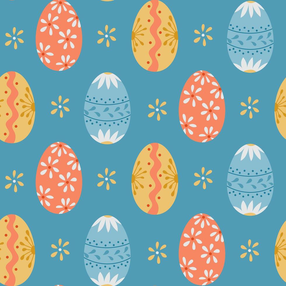 Seamless hand-drawn pattern with colorful decorated Easter eggs with floral and geometric designs on a blue background. Ideal for festive textiles, gift wrapping, and holiday-themed projects vector