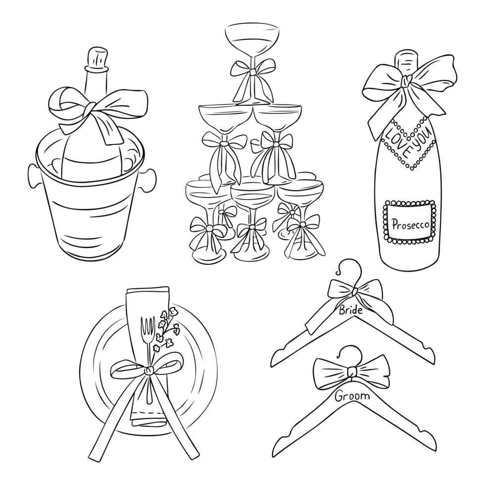 A wedding set of elegant items with bows, including a champagne bottle, glasses, table setting and hangers for the bride and groom. A hand-drawn style, perfect for wedding invitations vector