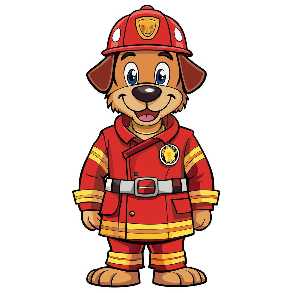 cartoon fireman dog in red uniform and helmet vector